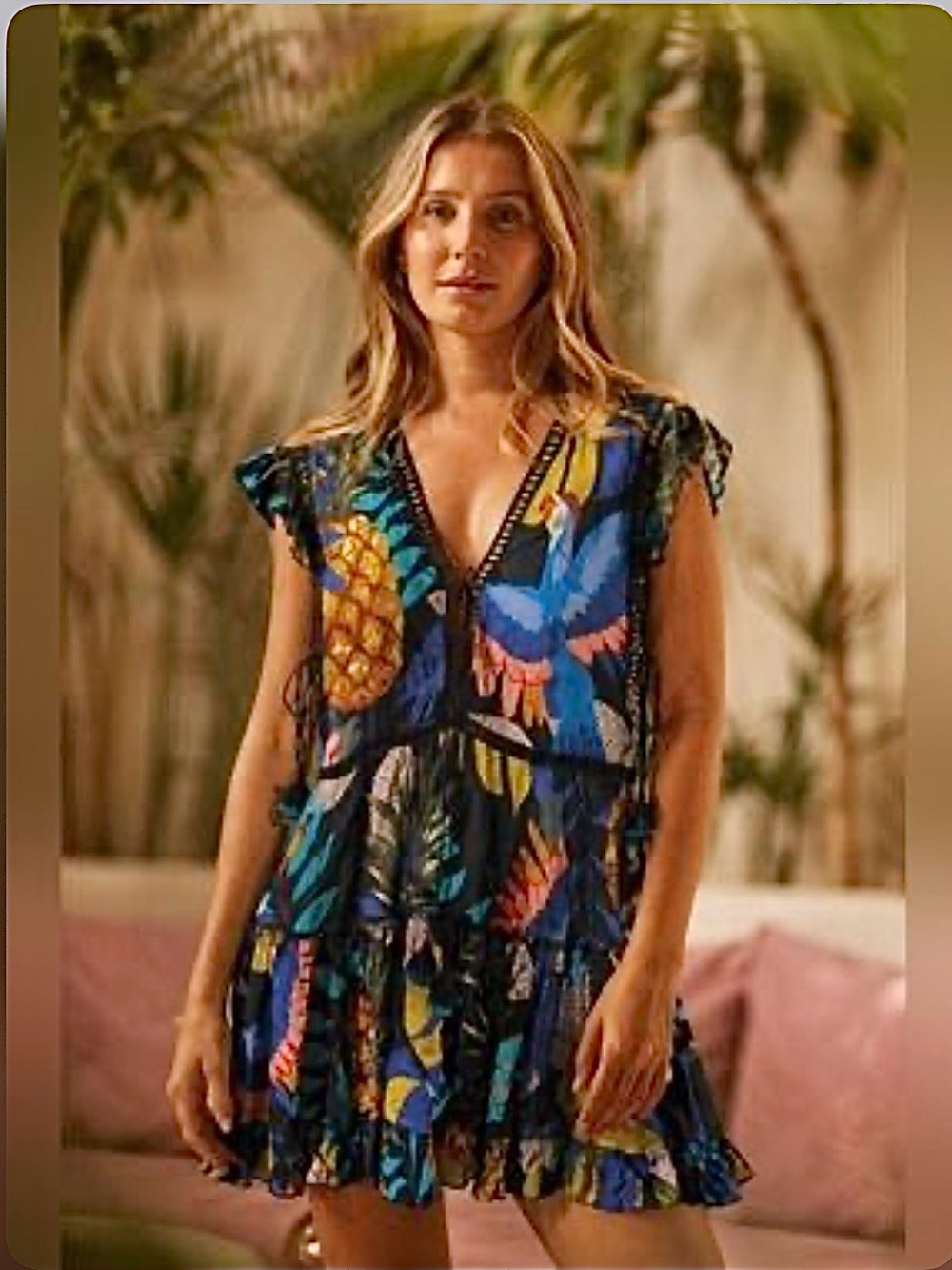 Z&L EUROPE Lace Trimmed Tropical Print Tiered Mini Coverup Dress